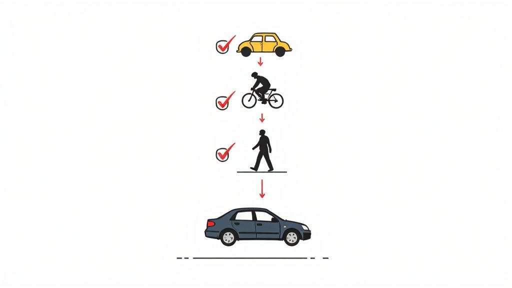Diagram showing a yellow car, bicycle, and person walking with checkmarks, descending to a dark car.
