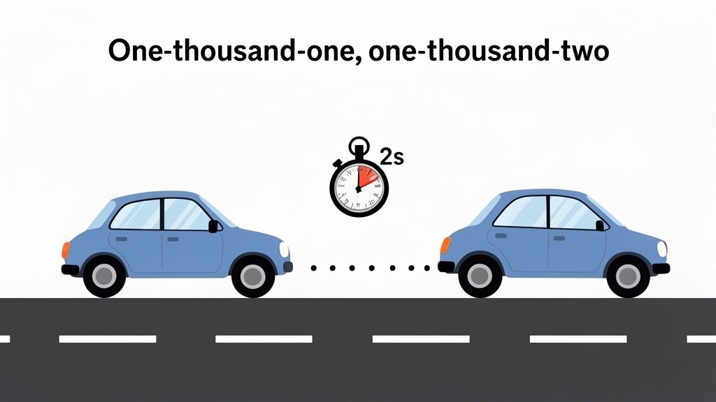 Illustration of two blue cars on a road, maintaining a safe following distance for two seconds.