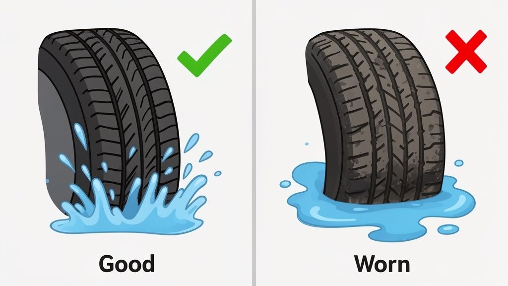 Illustration comparing a new car tire effectively shedding water versus a worn tire struggling in a puddle.