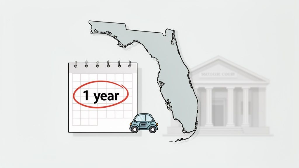 Illustration of Florida, a calendar marking '1 year', a car, and a courthouse building in the background.