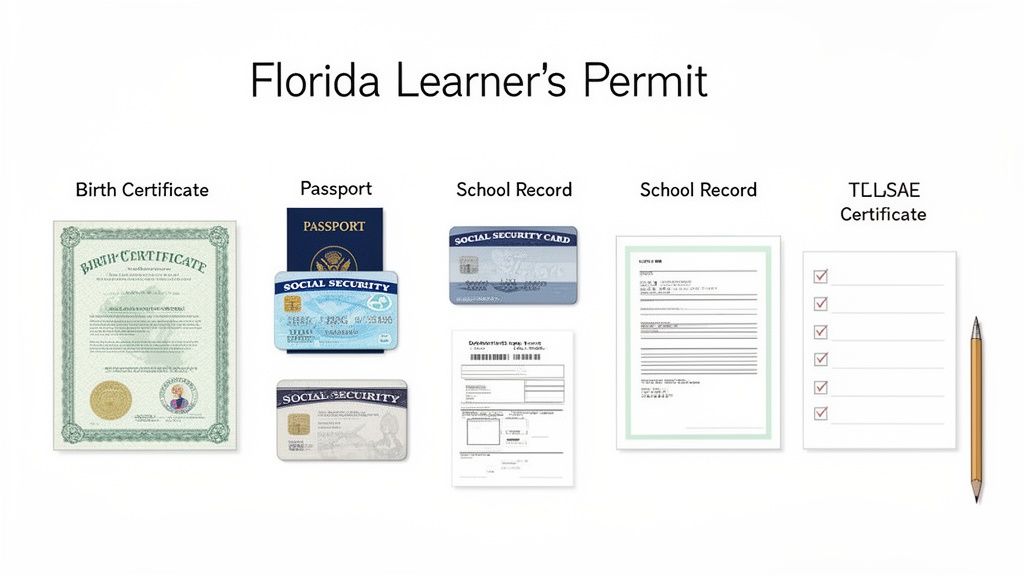 Documents required for a Florida Learner's Permit, including a birth certificate, passport, social security card, school records, and a TLLSAE certificate.