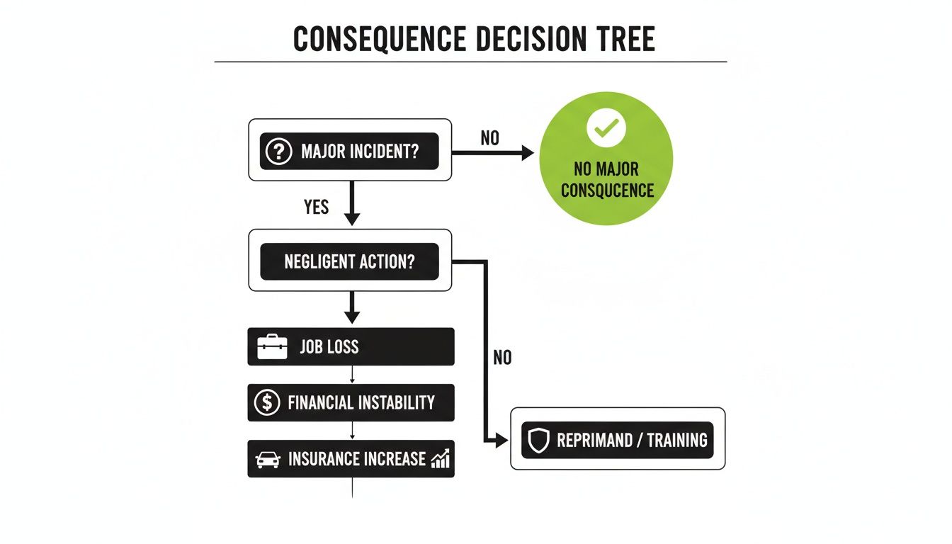 Decision tree illustrating consequences of a major incident and negligent action, leading to job loss, financial instability, or reprimand.