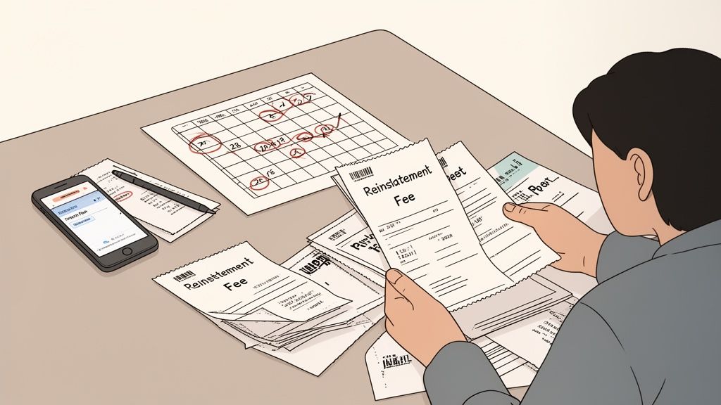 An individual meticulously reviewing "Reinstatement Fee" documents, a calendar, and a smartphone on a desk.