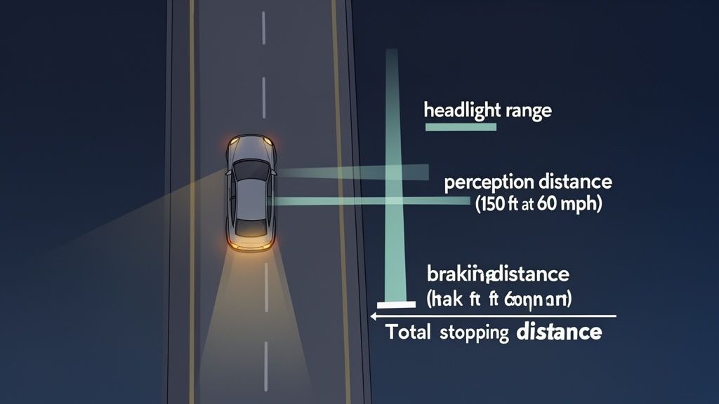 An overhead view of a car at night illustrating headlight range, perception, braking, and total stopping distances.
