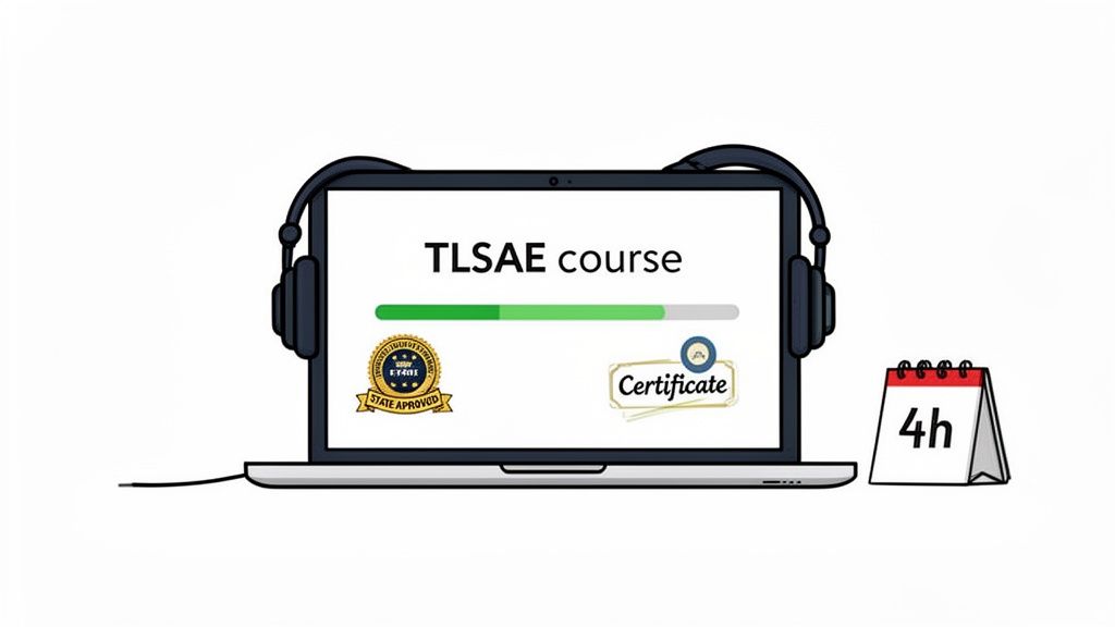 A laptop with headphones shows 'TLSAE course' progress, state approval, and certificate for a 4-hour online study.