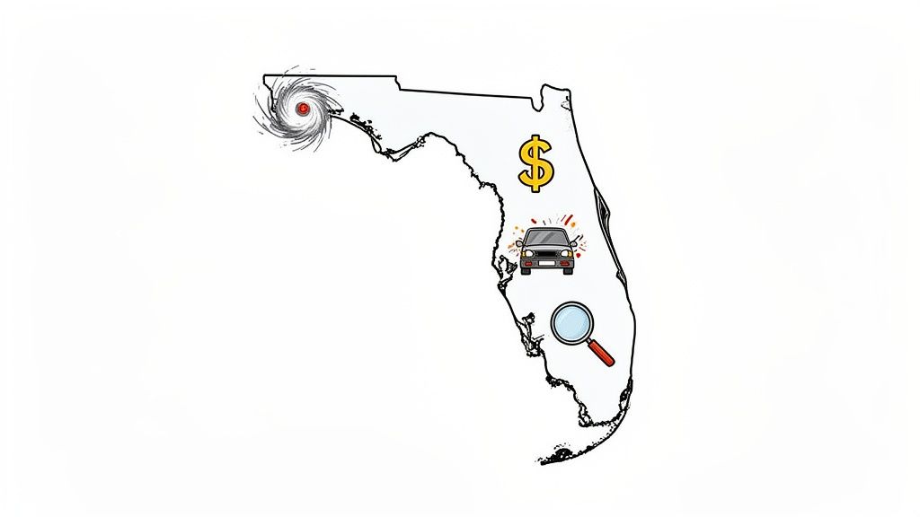 Map of Florida illustrating factors like hurricanes, costs, car accidents, and investigations.