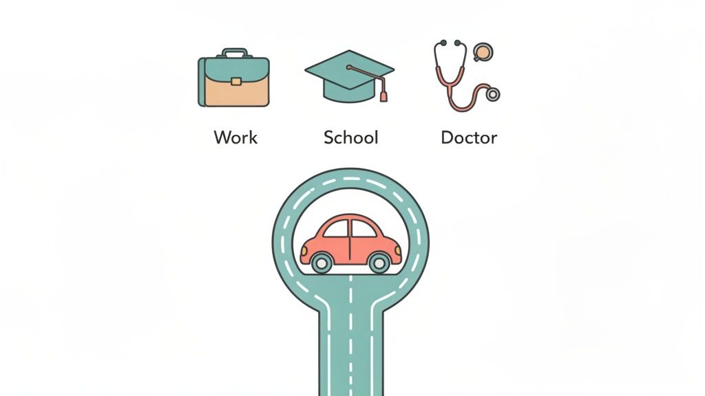 A cartoon car on a road leads to icons representing work, school, and doctor, symbolizing daily essential travel.