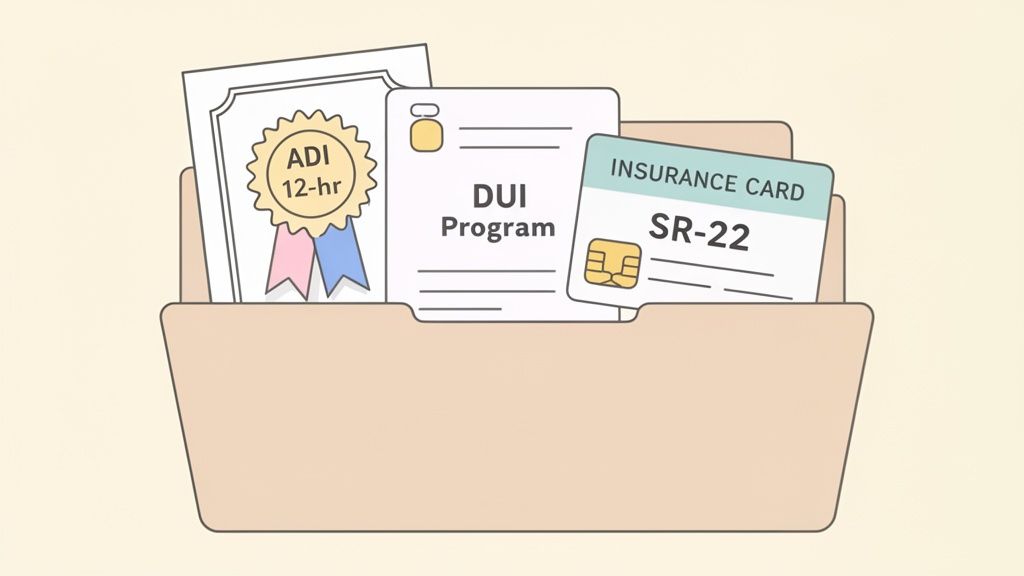 A file folder holds documents: an ADI 12-hr certificate, a DUI Program form, and an SR-22 insurance card.