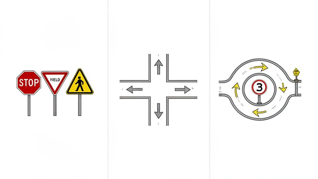 Illustrations of various road signs including stop, yield, pedestrian, and diagrams of a crossroad and roundabout.