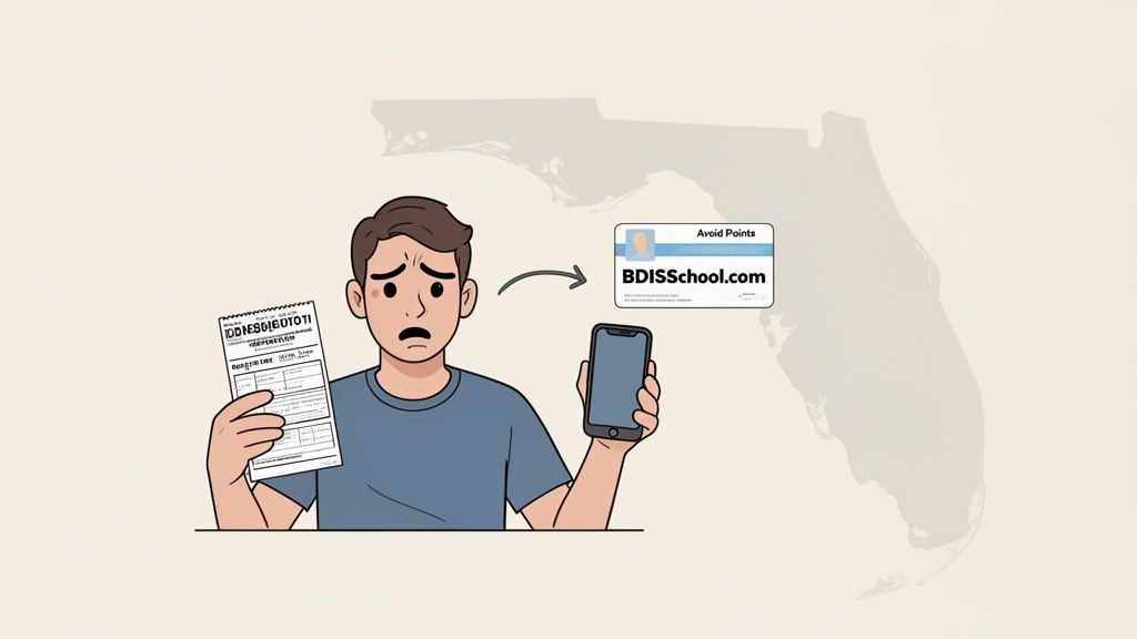 A worried man holds a traffic ticket and phone, looking to avoid points with BDISSchool.com in Florida.