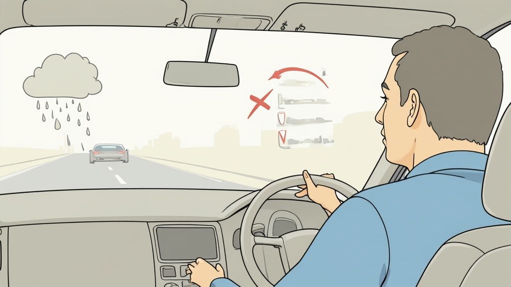 A man driving a car on a rainy road, observing an instructional checklist on the windshield.
