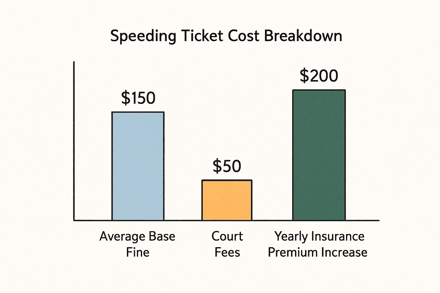 A breakdown of speeding ticket costs showing the initial fine, court fees, and increased insurance rates for a driver who needs a bdi course.