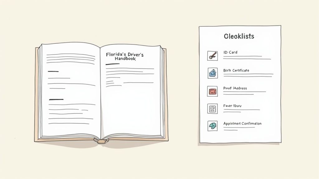 A person studying the Florida driver's handbook with a pen and glasses nearby