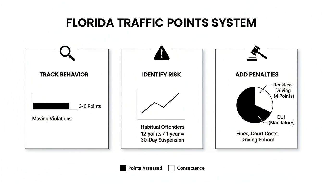 An infographic explaining Florida's Traffic Points System, detailing violations, habitual offender rules, and penalties.