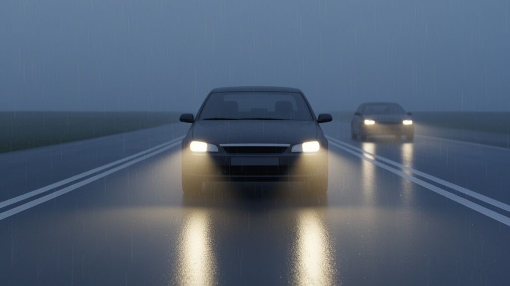 Two cars driving on a wet, dark road in the rain, headlights shining brightly.