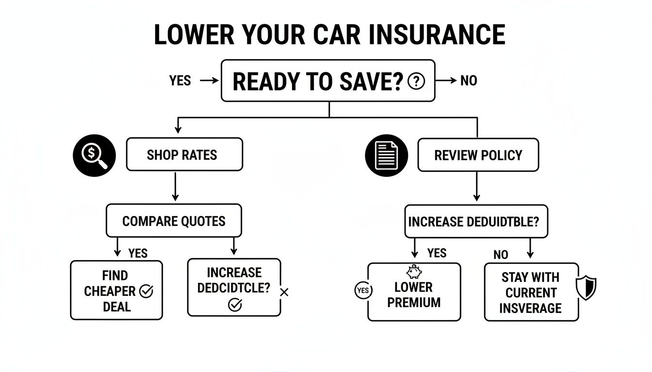 Flowchart showing steps to lower car insurance premiums by shopping rates or reviewing policy details.