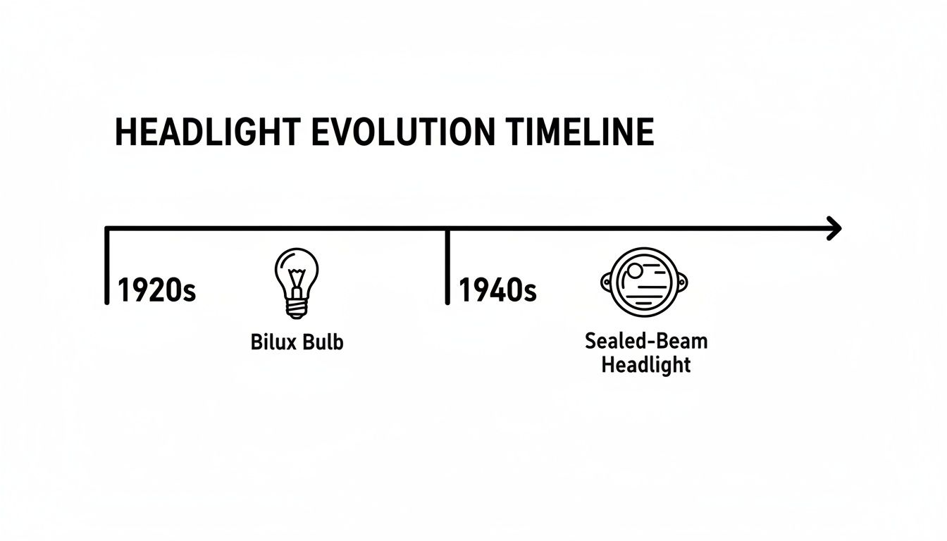 A timeline illustrating the evolution of vehicle headlights, featuring the Bilux Bulb in the 1920s and the Sealed-Beam Headlight in the 1940s.