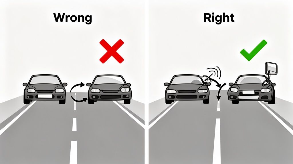 Illustration comparing wrong and right ways to change lanes safely, emphasizing signaling and mirror checks.