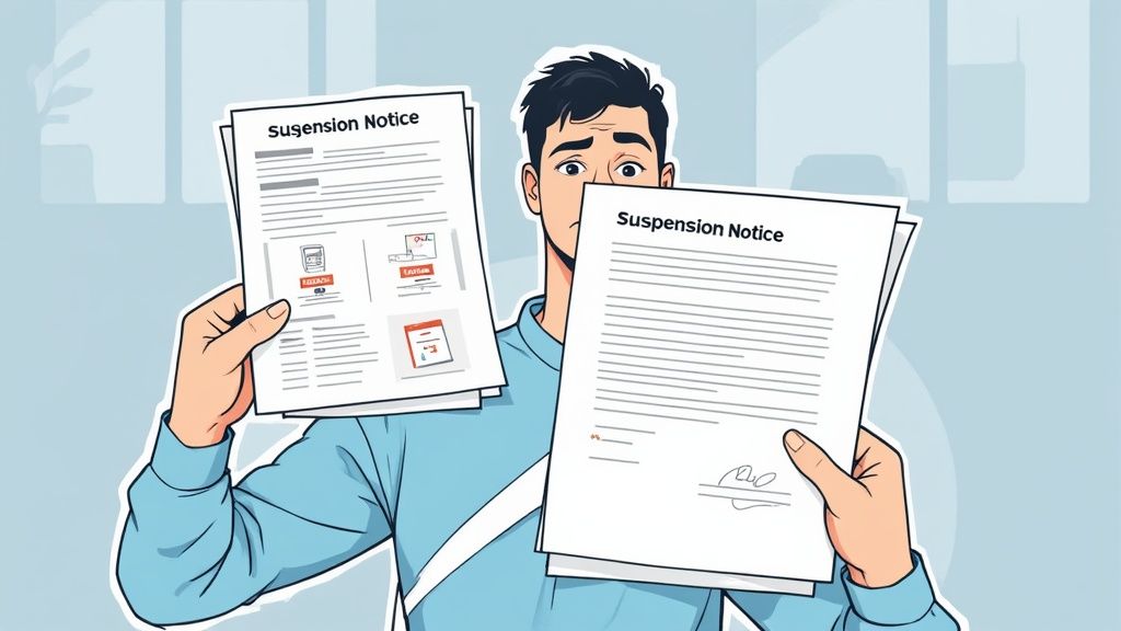 A worried man in a blue shirt holds two suspension notice documents, looking distressed.