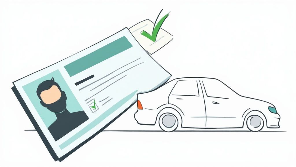 A driver smiling, holding their Florida license with the 'Safe Driver' designation clearly visible.