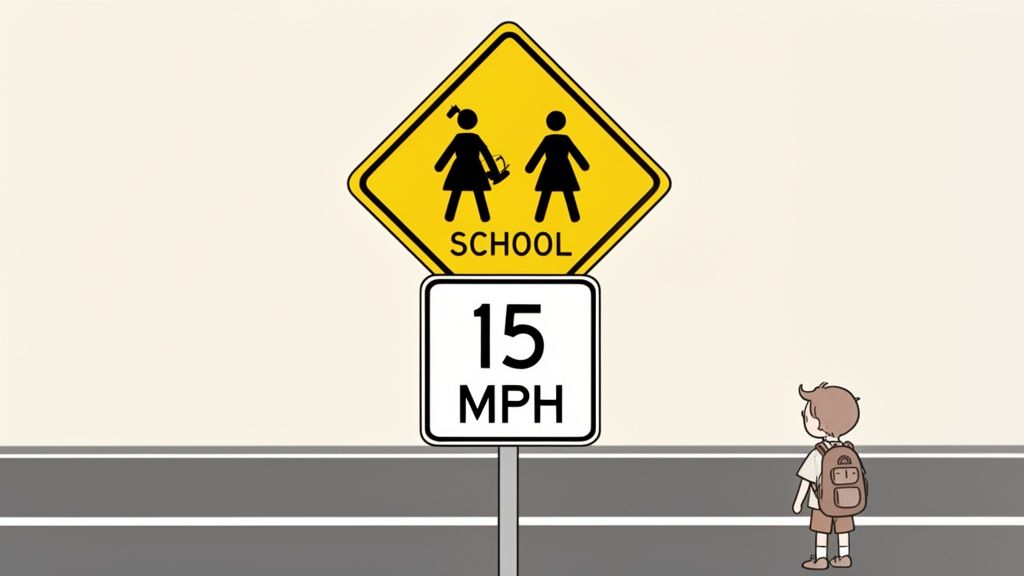 A school zone warning sign and a 15 MPH speed limit sign are seen next to a student.