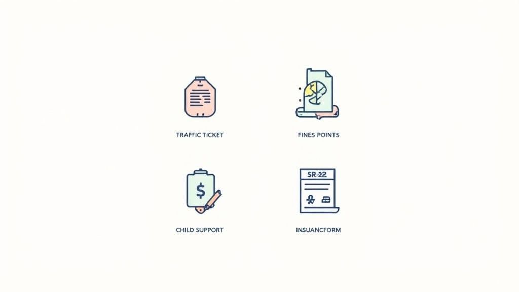 Four line-art icons representing a traffic ticket, fines and points, child support, and an SR-22 insurance form.