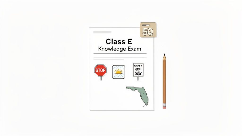 A Class E Knowledge Exam paper with various road signs, a map of Florida, and a pencil.