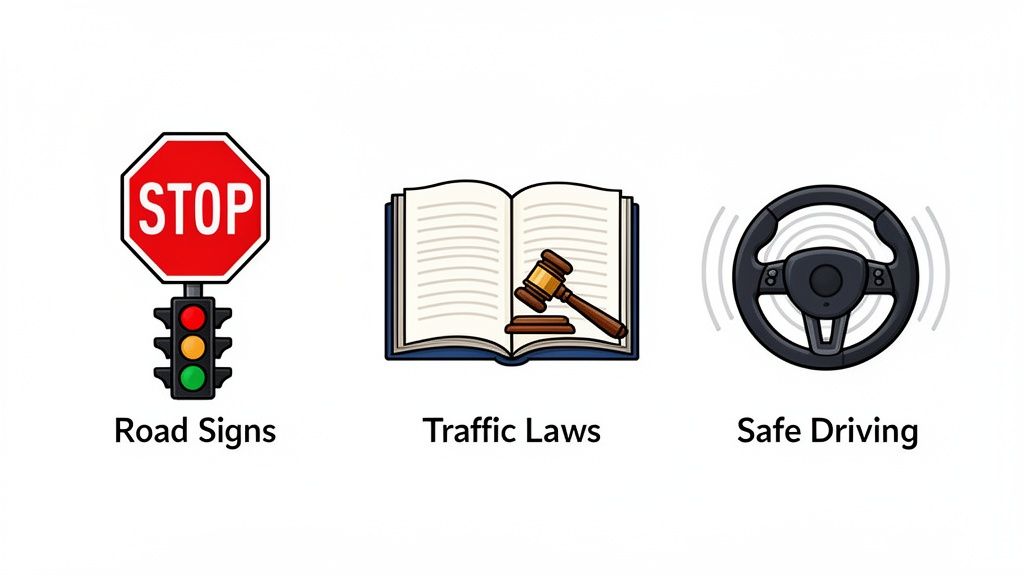 Three icons representing driving concepts: road signs, traffic laws, and safe driving practices.