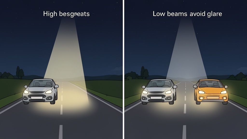 Two diagrams comparing high beams illuminating far ahead and low beams preventing glare from oncoming cars at night.
