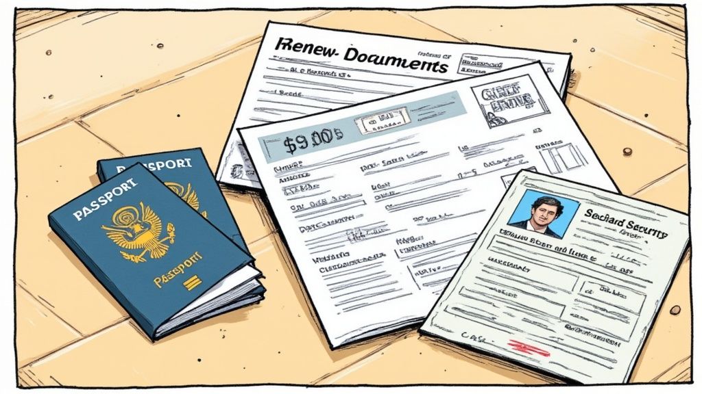 A desk with various documents like a passport and utility bill laid out neatly.