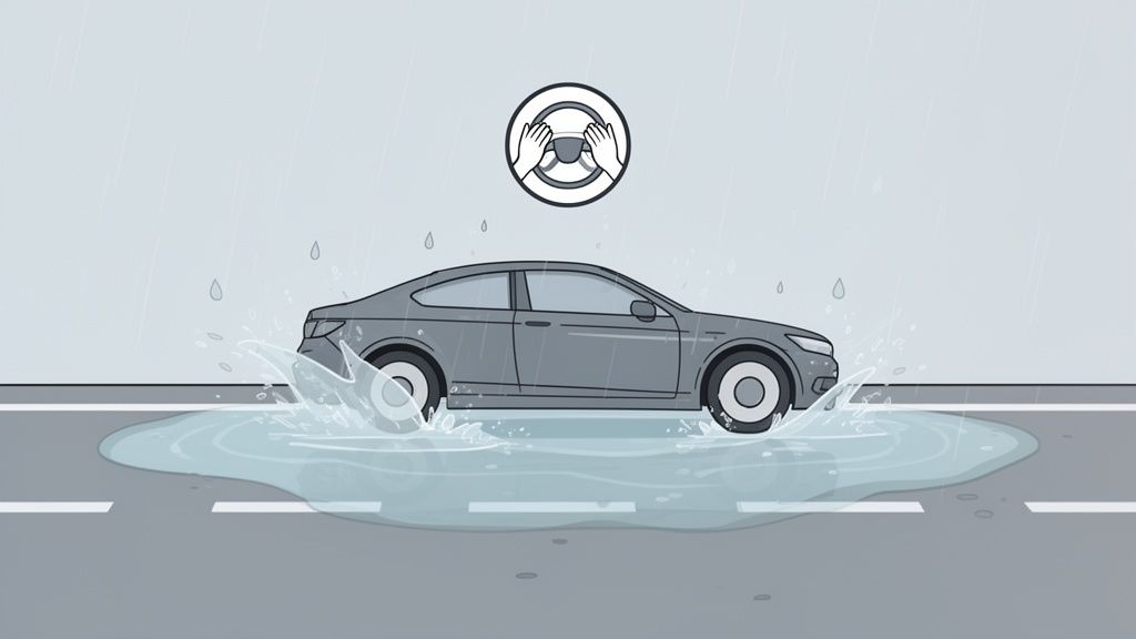 An illustration of a grey car driving through a puddle on a rainy road, with a steering wheel icon.