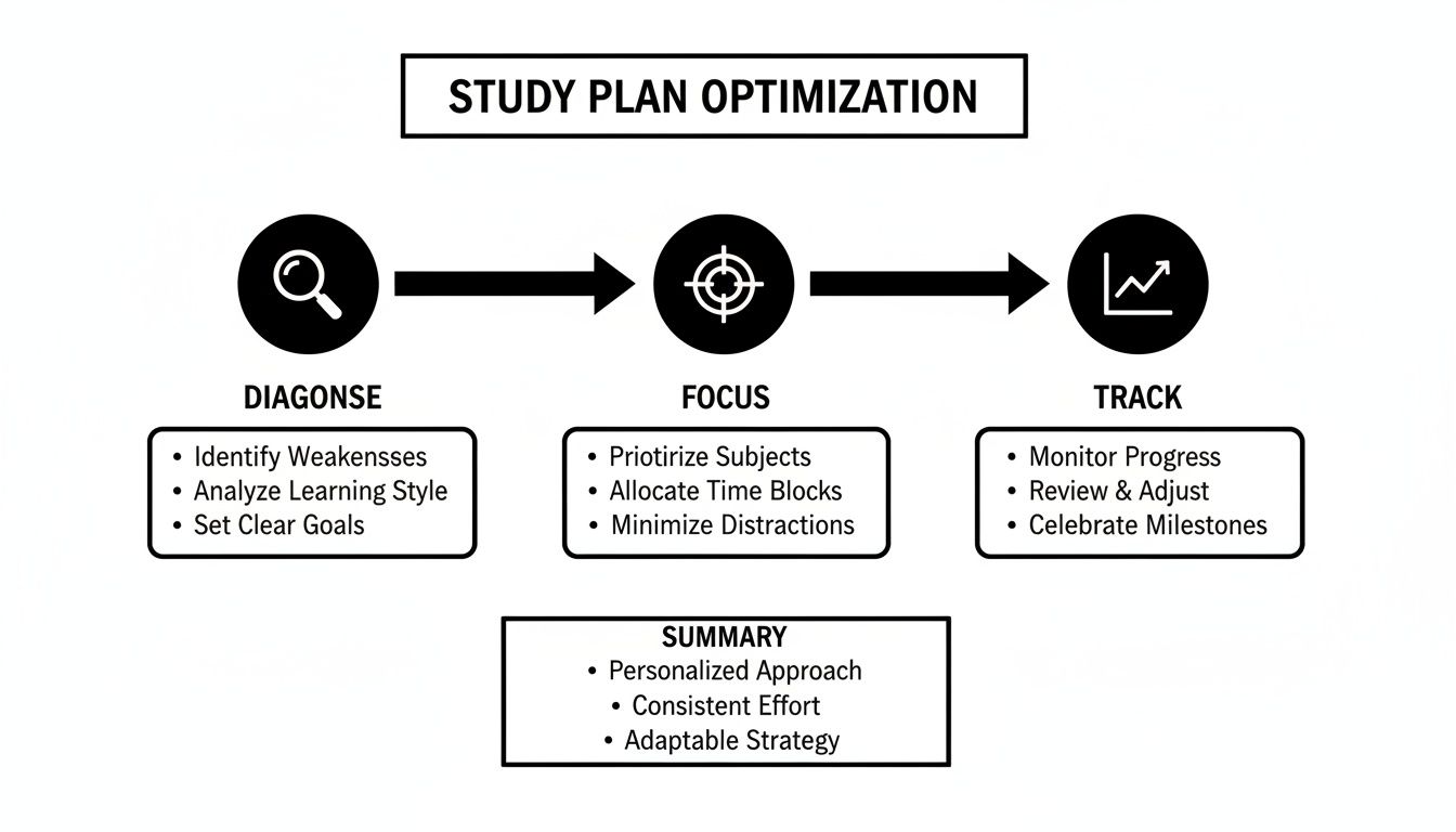 Flowchart illustrating steps for effective study plan optimization: diagnose, focus, track, and summary.