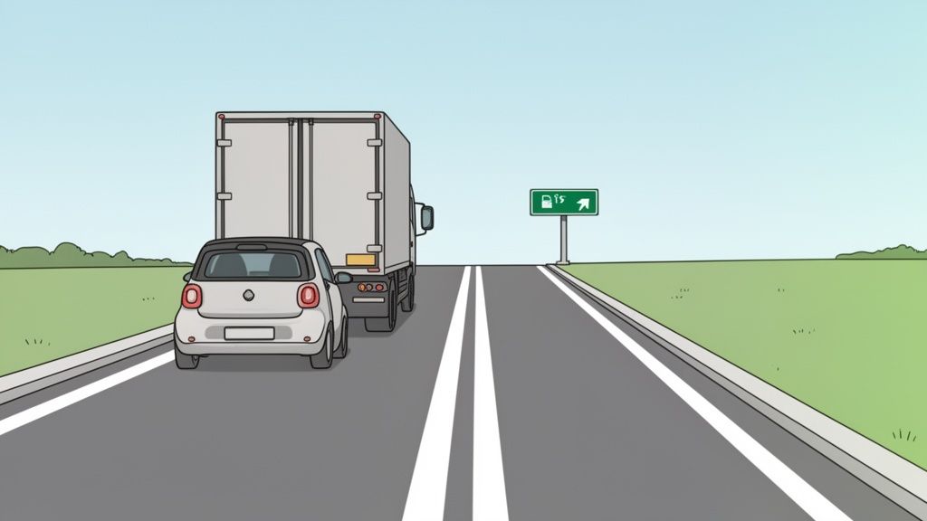 A white car follows a truck on a highway with double white lines and a sign for a gas station.