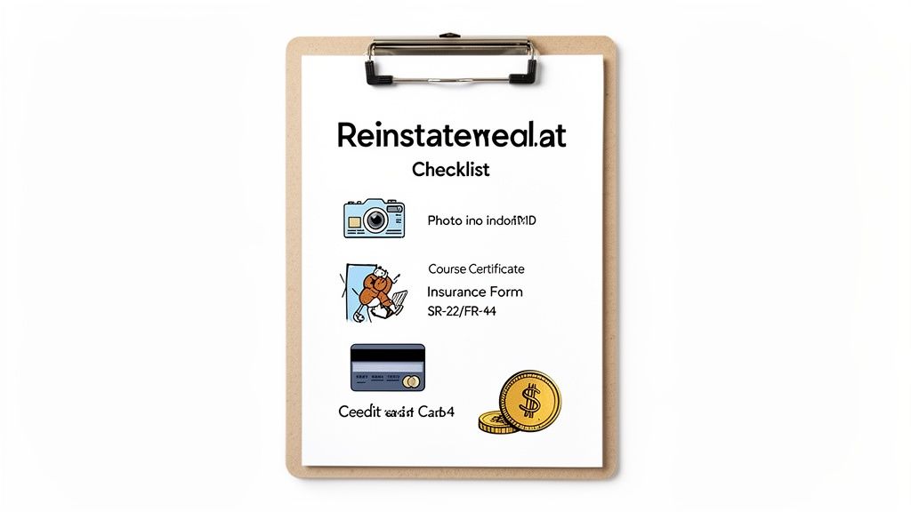 A clipboard displays a checklist for reinstatement, including photo, course certificate, insurance form, and payment.