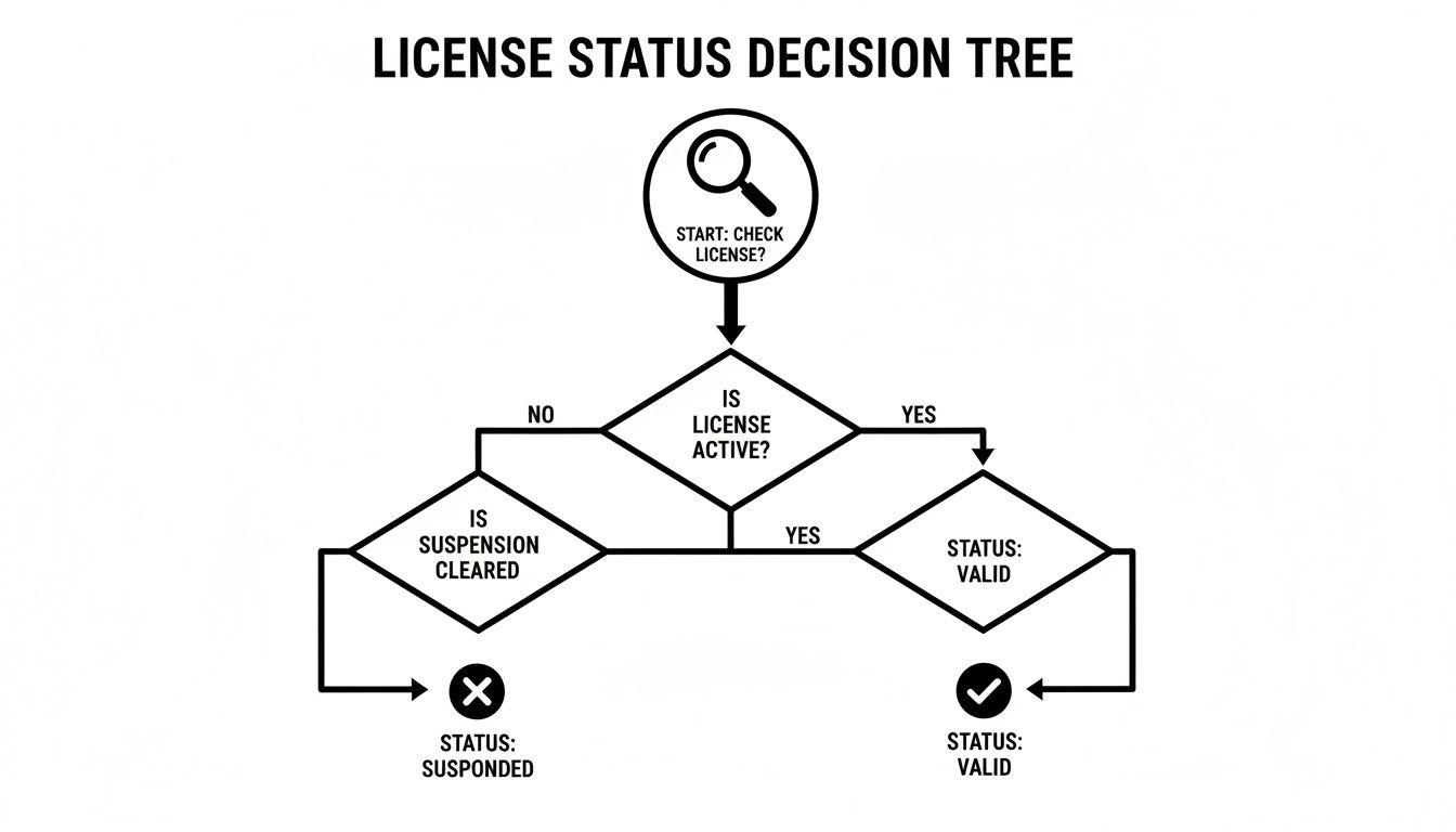 A decision tree flowchart illustrating steps to determine license status, leading to valid or suspended.