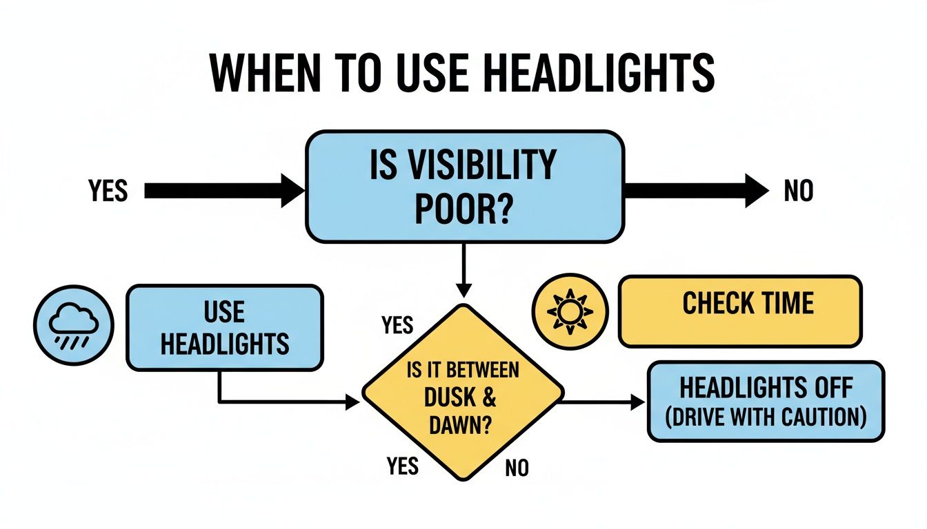 Flowchart explaining when to use vehicle headlights, considering poor visibility, rain, dusk, and dawn.