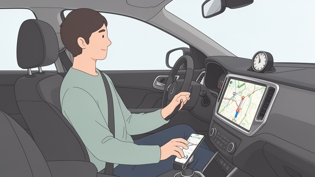 A person driving calmly, using both the car's built-in navigation system and a smartphone for directions.