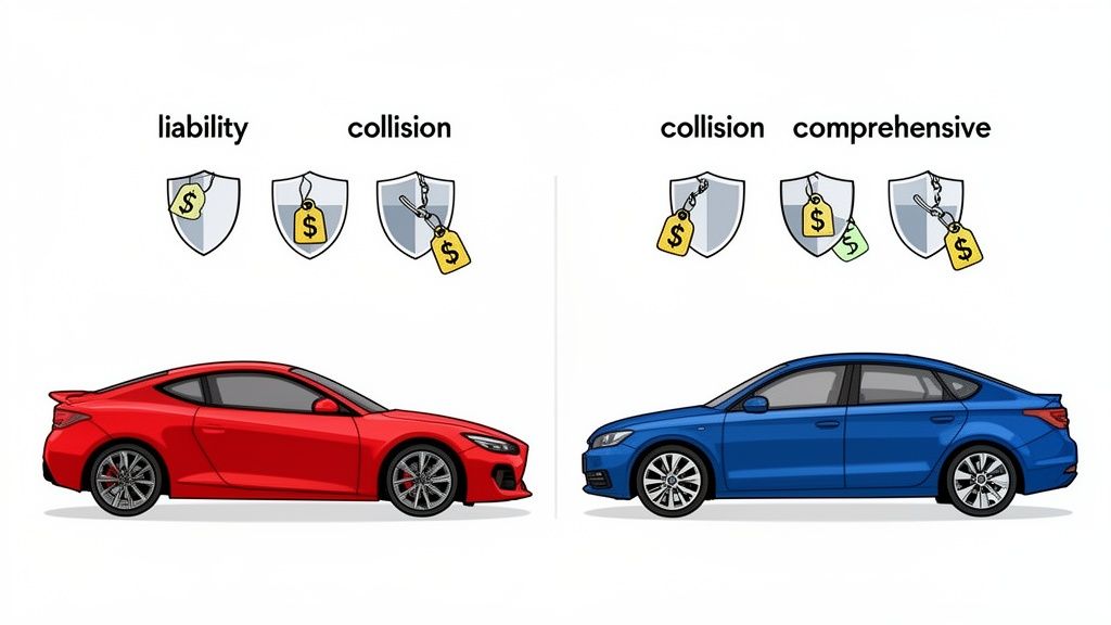 Illustration comparing different car insurance types: liability, collision, and comprehensive coverage with cars.