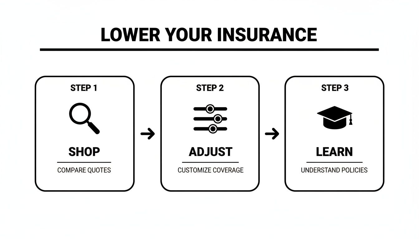 Infographic illustrating three steps to lower insurance: shop, adjust, and learn policies.