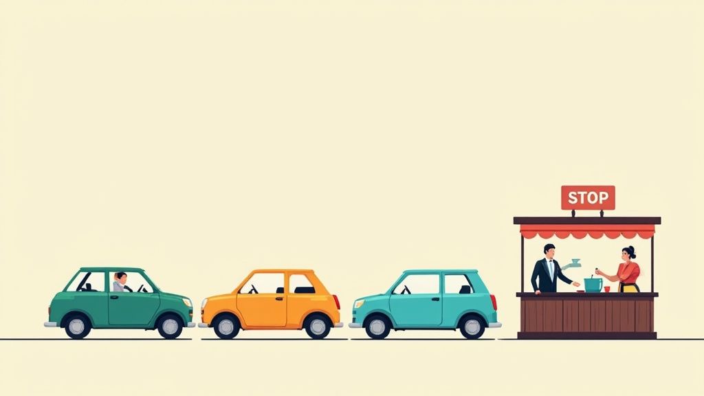 A driver's perspective stopping at a four-way stop intersection.