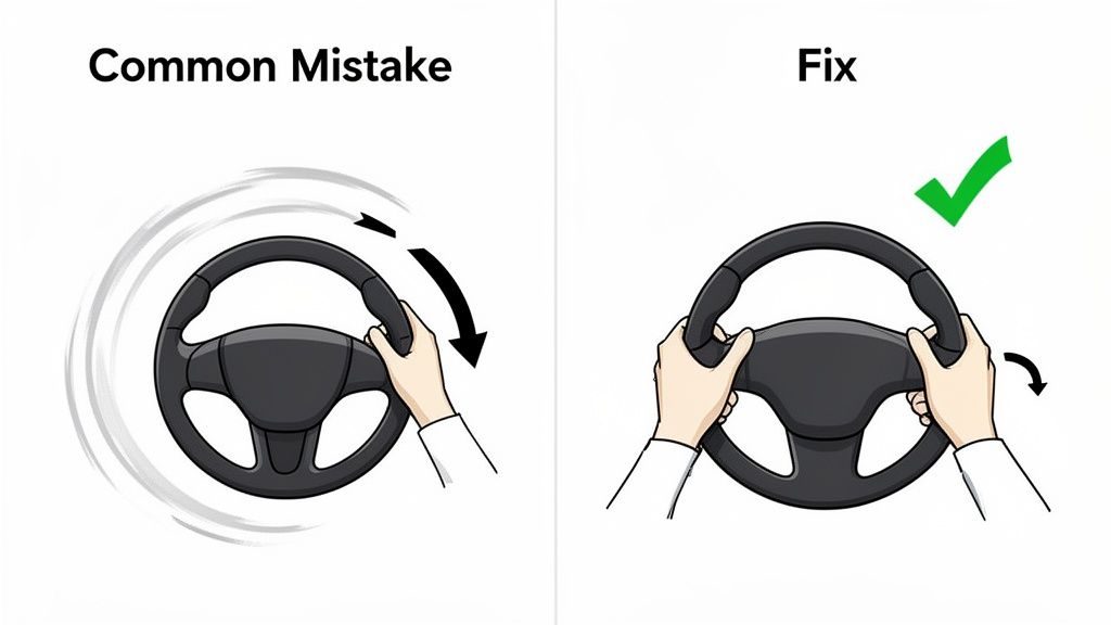 Illustration comparing a common steering wheel mistake with hands crossing over to the correct, controlled steering technique.