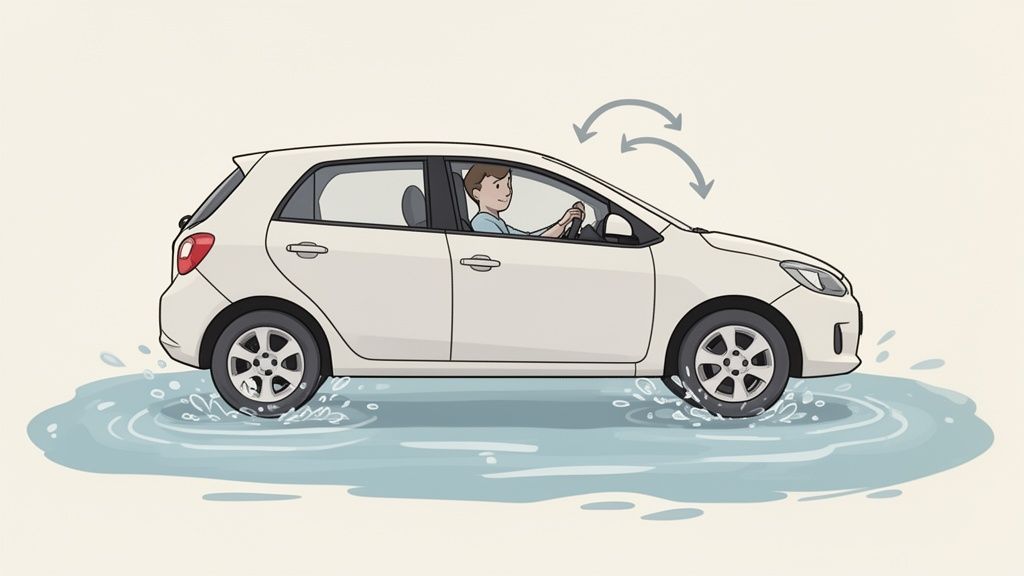 A white car with a male driver splashes through a large puddle, illustrating a driving hazard.
