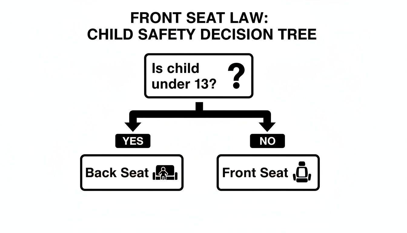 A decision tree illustrating front seat law for child safety, asking if the child is under 13.