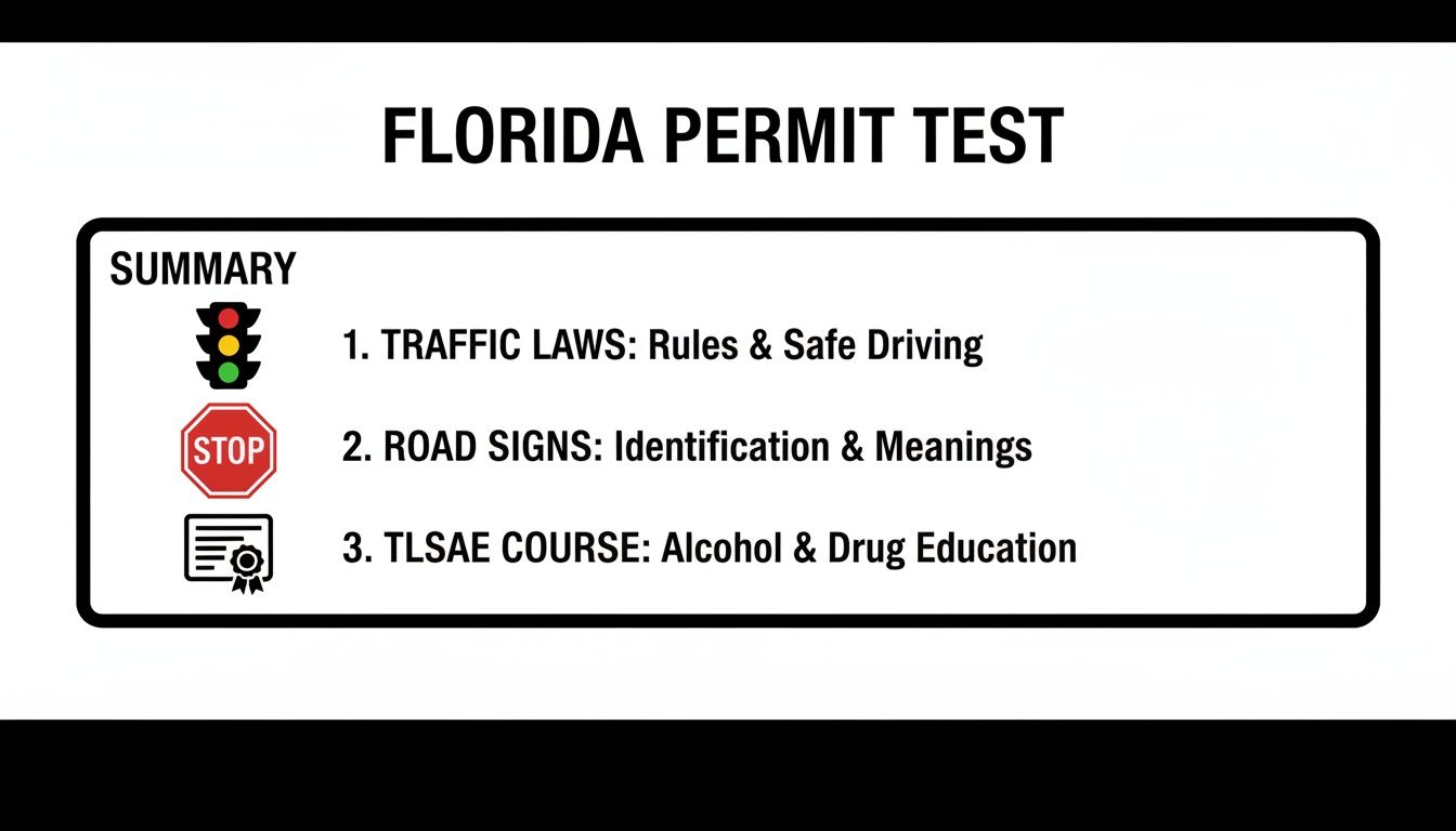 A summary of the Florida Permit Test, covering traffic laws, road signs, and alcohol and drug education.