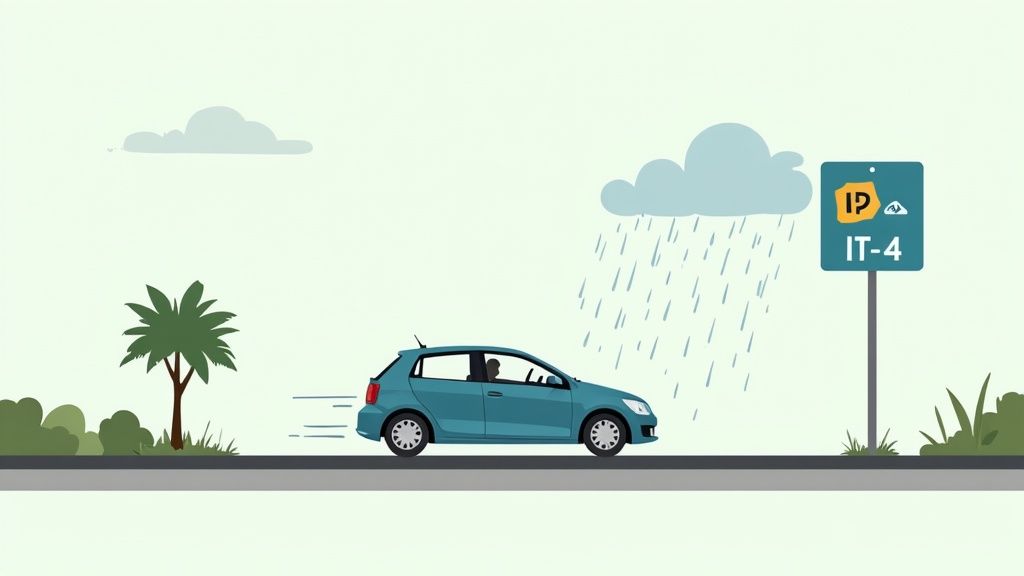 Blue car driving on a road under a rainy cloud, with a road sign nearby.