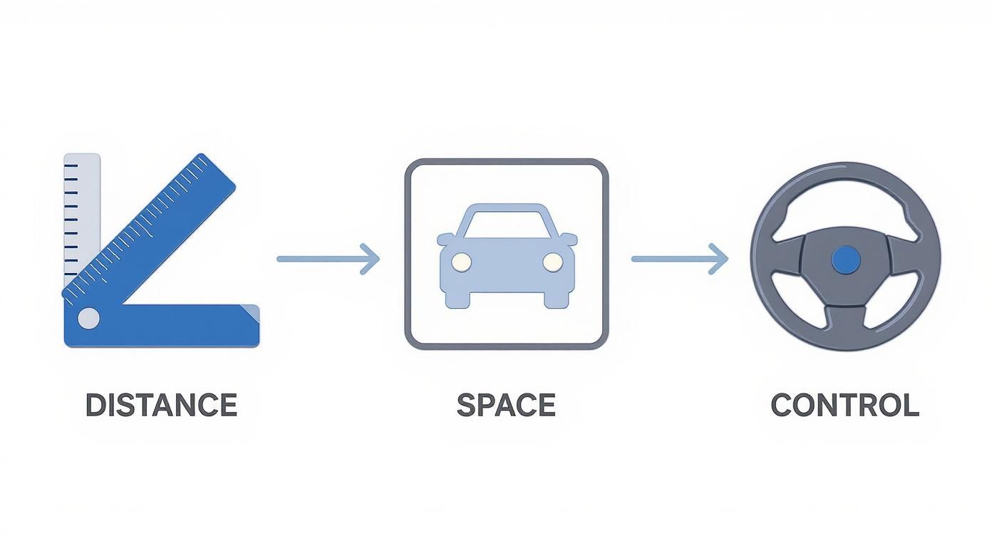 A visual explanation connecting distance (ruler) to space (car) and ultimately to driving control (steering wheel).