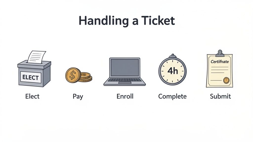 Illustration showing five steps for handling a ticket: Elect, Pay, Enroll, Complete (4 hours), and Submit.