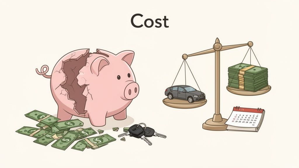 Illustration showing car costs: a broken piggy bank, car keys, a car on a scale with money and a calendar.
