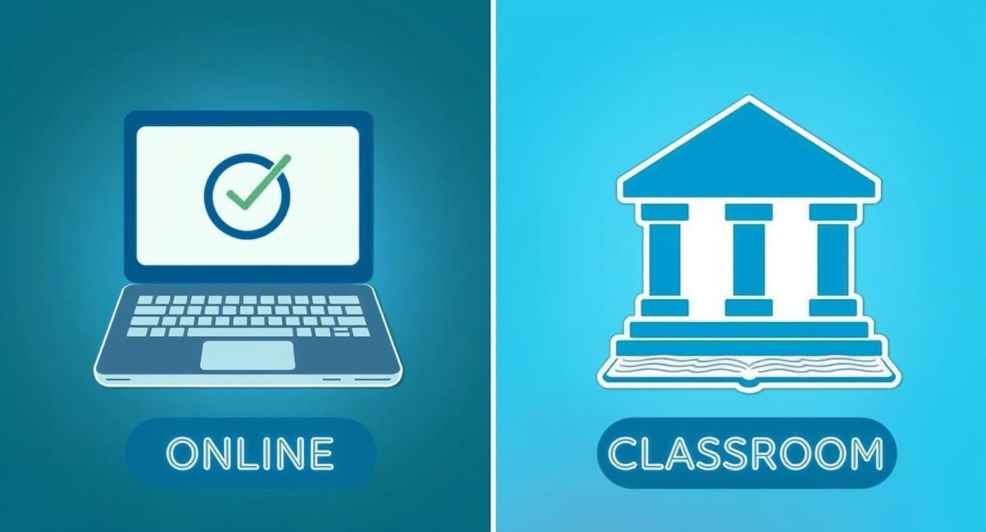 An illustration contrasting online learning (laptop with checkmark) with traditional classroom education (building on book).