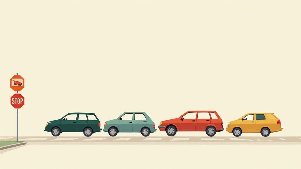 Cars at a four-way stop intersection during the day, illustrating traffic rules.